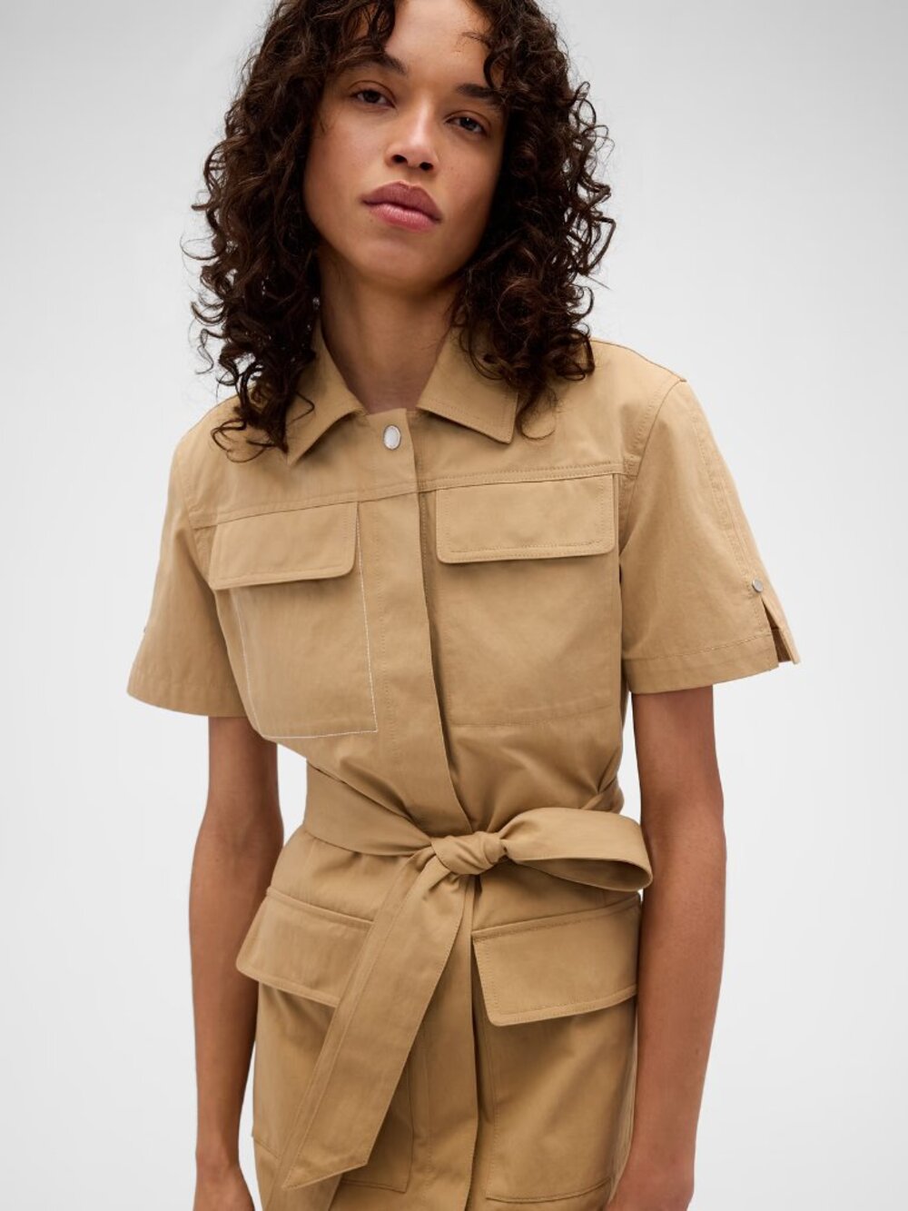 Gap x Victoria Beckham - Mini Mac Dress - Short-Sleeve Tie-Waist - Khaki (XS)